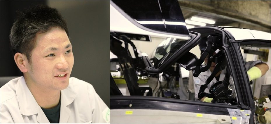 Side by side of Mazda engineer Takaki Nakamura and a car in development
