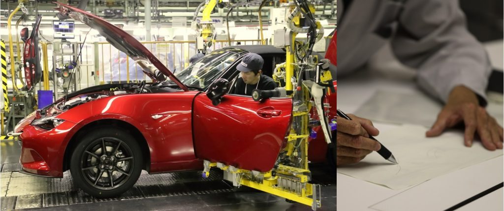 Side by side of a Mazda vehicle in production and an engineer working on a car design