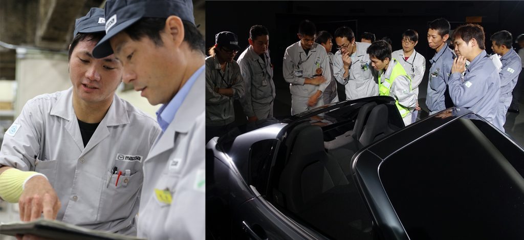 Side by side of Mazda engineers discussing designs and examining a vehicle